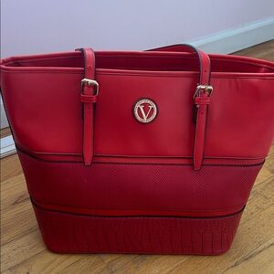 Elegant Red Tote with V-Emblem